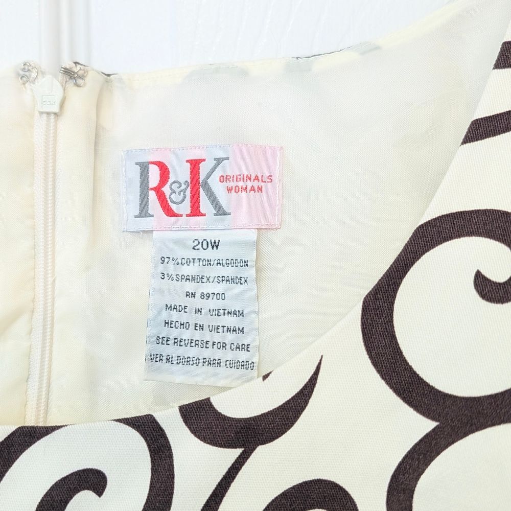 R & K Originals Size 20W Sleeveless Midi Dress Cotton Blend Brownwhite Sash Belt - Picture 4 of 6